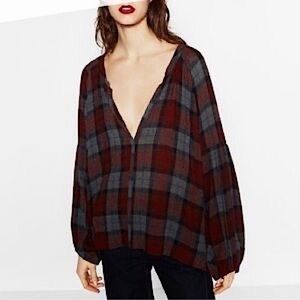 ZARA Woman Sz M Checkered Peasant Blouse with Balloon Sleeves